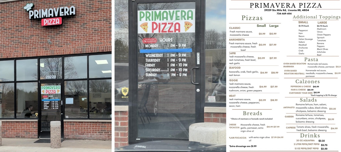 Primavera Pizza Menu